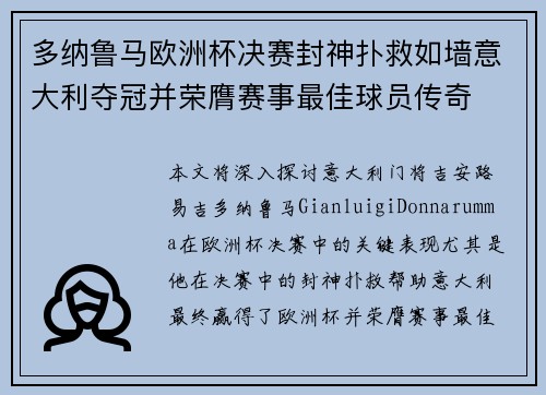 多纳鲁马欧洲杯决赛封神扑救如墙意大利夺冠并荣膺赛事最佳球员传奇